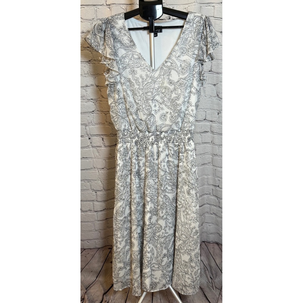 Everlily White Black Paisley V-Neck Ruffle Sleeve Smocked Waist Midi Dress Large